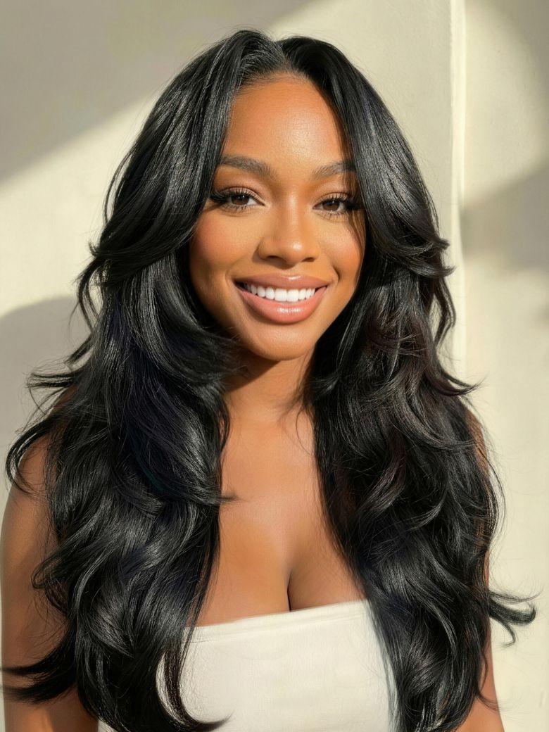 Sunber 180% Density 7x5 Pre Cut Lace Natural Black Body Curl Face-Framing Soft Layers Wig With Invisi Drawstring