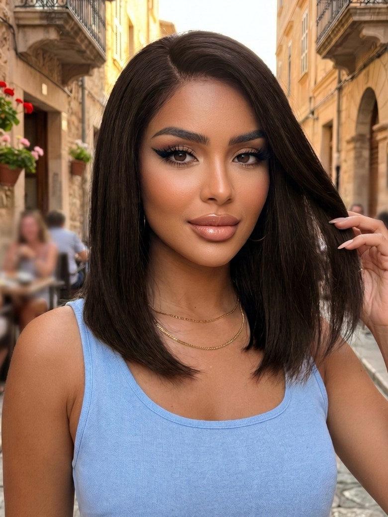 7x5 Pre Cut Side Part Yaki Straight Bob Rich Espresso Brown Shoulder-Length Lace Wig with Invisi Drawstring