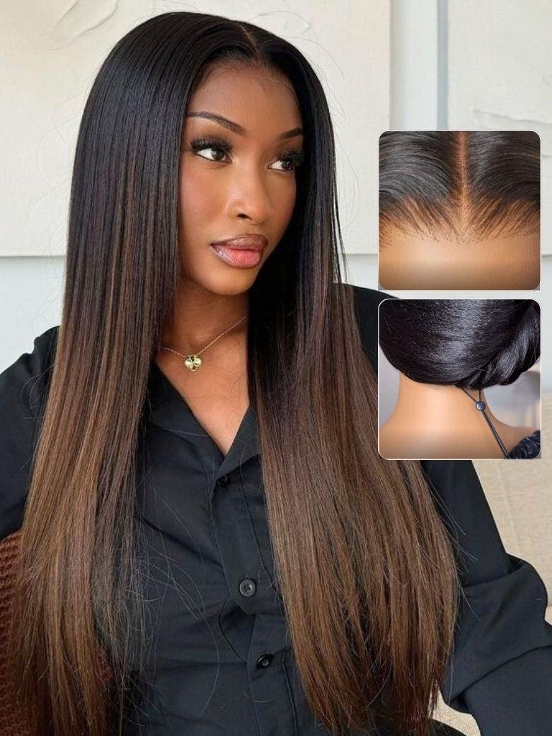 Bye Bye Knots Wig 7x5 Glueless Lace Black to Chestnut Brown Ombre Yaki Straight Wig With Bleached Knots