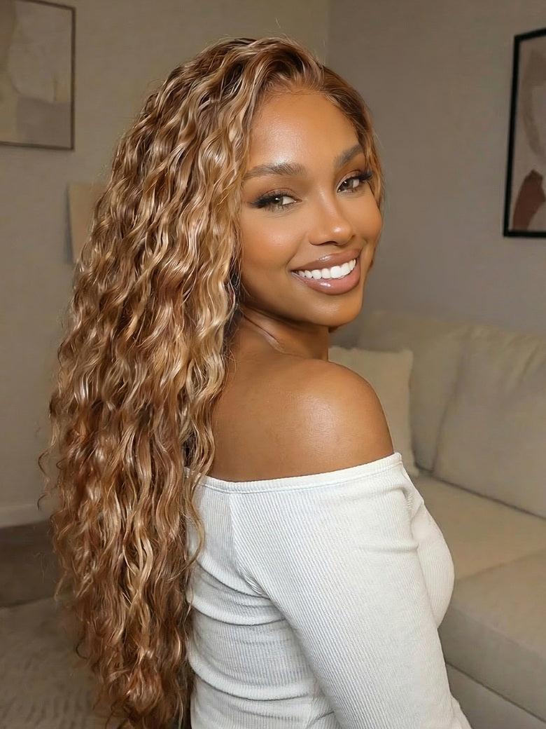 Water Wave Honey Blonde Highlighted 13x4 Pre Everything Lace Frontal Wig With Invisi Drawstring
