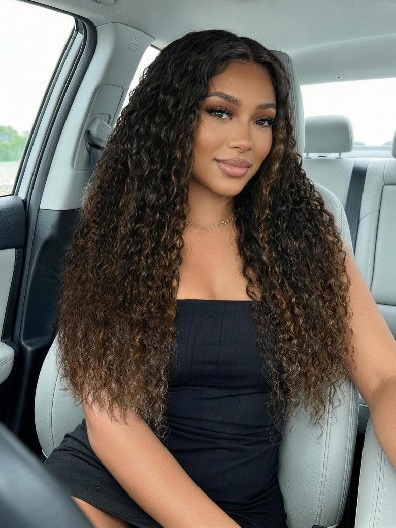 7x5 Pre Cut Ombre Chestnut Brown Water Wave & Curly Mixed Lace Wig With Invisi Drawstring
