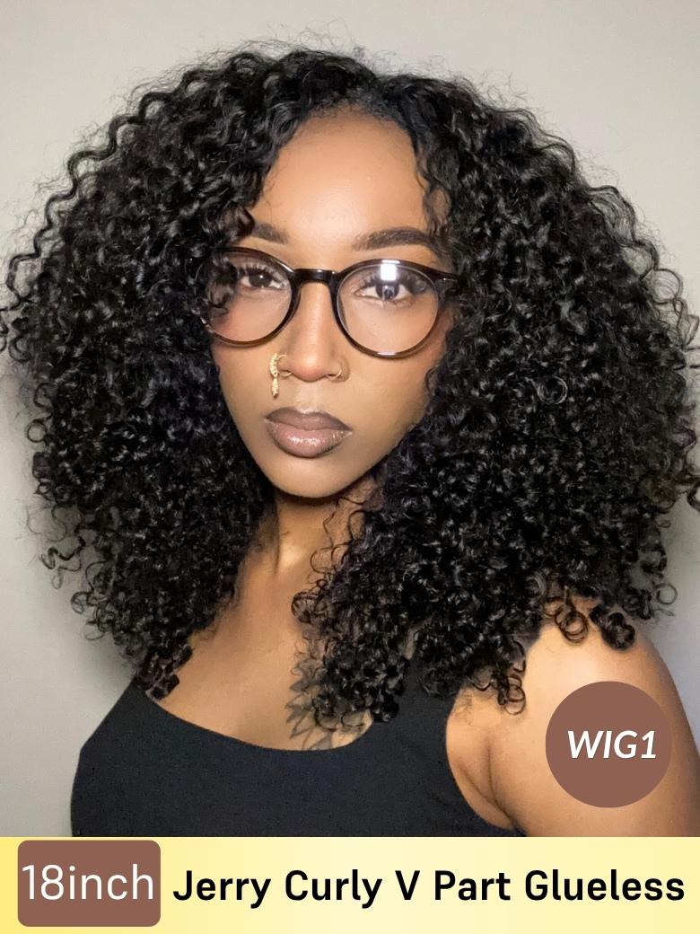 2Wigs=$89 | 18inch Jerry Curly V Part + 10inch Short Bob Glueless Wig Flash Sale