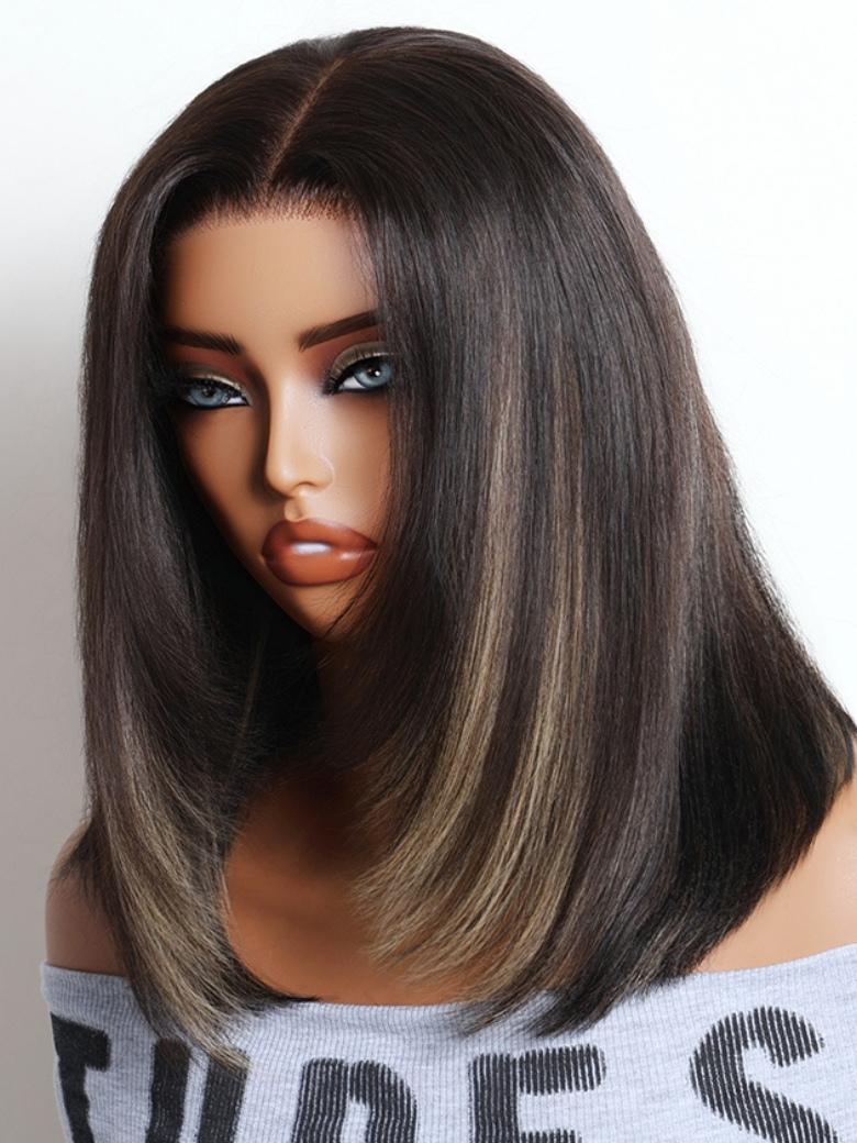 Sunber 7x5 Bye Bye Knots Chocolate Brown With Blonde Highlights Yaki Straight Layered Cut Bob