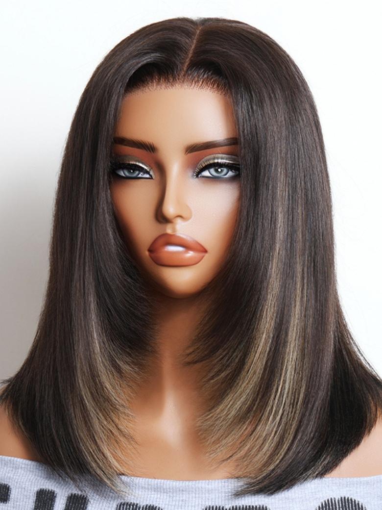Sunber 7x5 Bye Bye Knots Chocolate Brown With Blonde Highlights Yaki Straight Layered Cut Bob