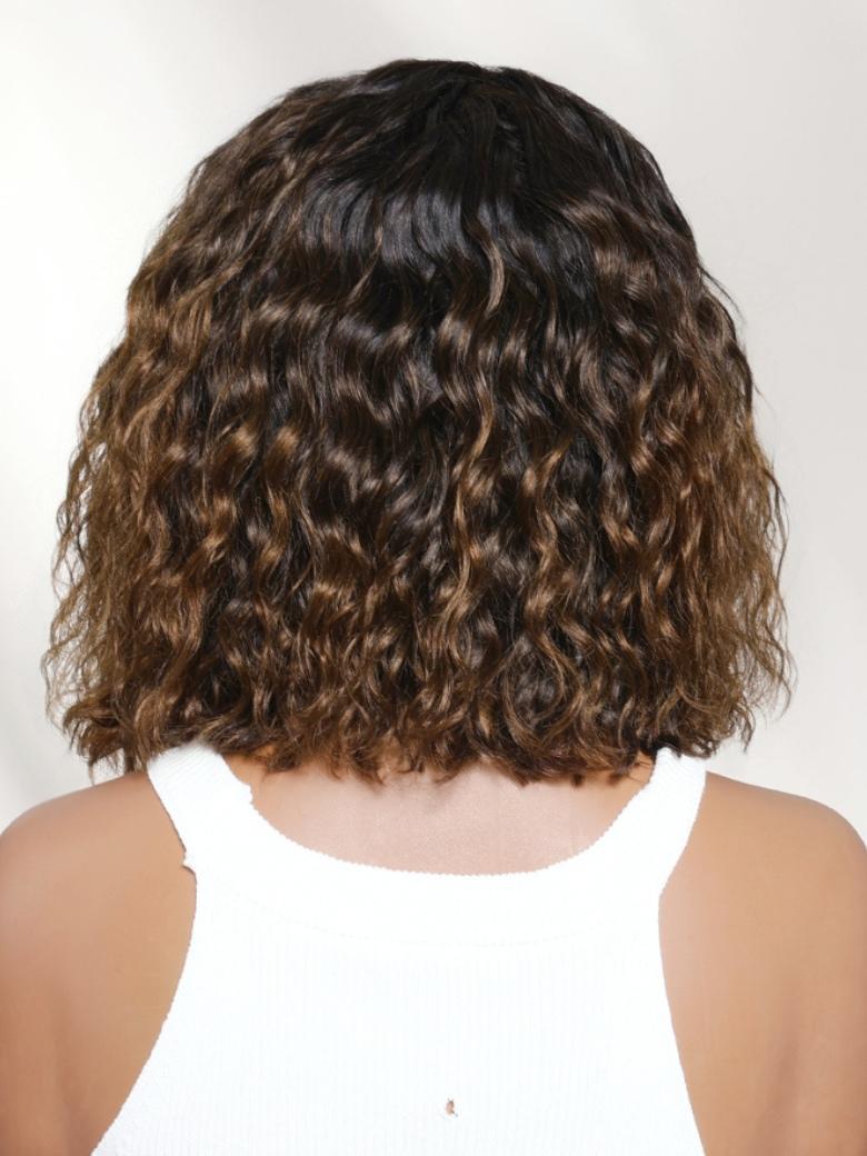 Sunber Ombre Chestnut Brown 220% density 6x4 Glueless Lace "C" Side Part Shoulder-length Water Wave Short  Bob With Invisi Drawstring
