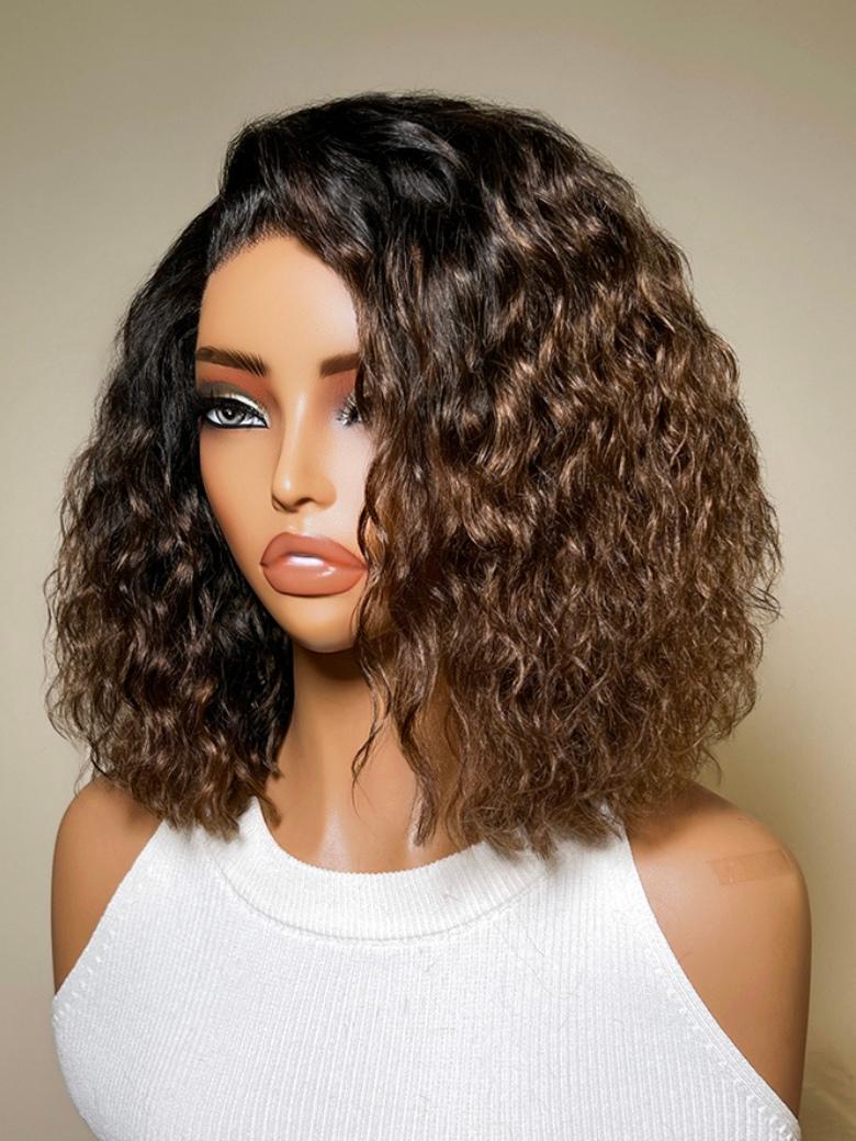 Sunber Ombre Chestnut Brown 220% density 6x4 Glueless Lace "C" Side Part Shoulder-length Water Wave Short  Bob With Invisi Drawstring