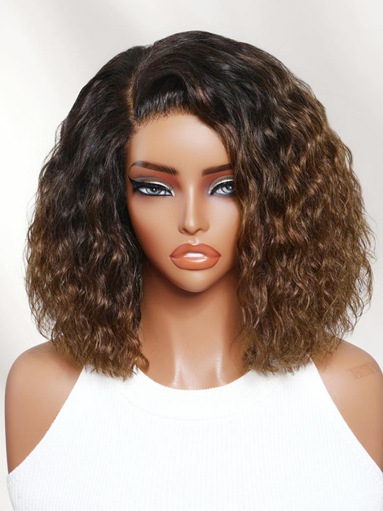 Sunber Ombre Chestnut Brown 220% density 6x4 Glueless Lace "C" Side Part Shoulder-length Water Wave Short  Bob With Invisi Drawstring