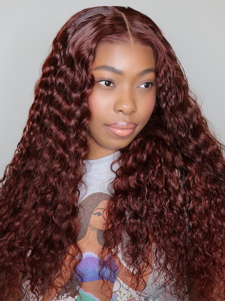 Sunber Reddish Brown Wet And Wavy 7x5 Bye Bye Knots Lace Wigs Water Wave Pre-Plucked Human Hair Wigs