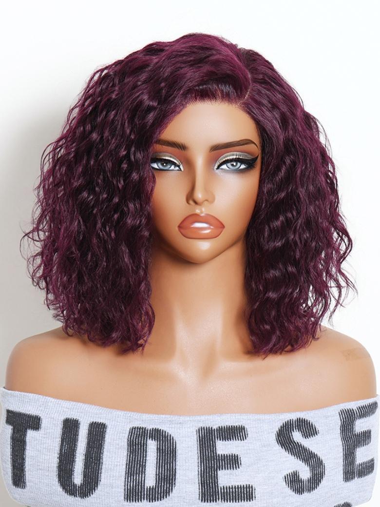 Sunber Black Cherry 220% density 6x4 Glueless Lace "C" Side Part Shoulder-length Water Wave Short Bob Wig With Invisi Drawstring