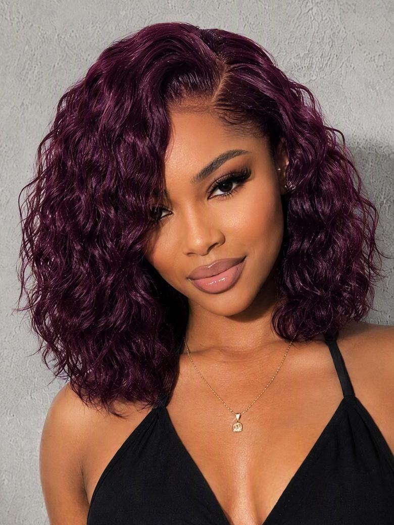 Sunber Black Cherry 220% density 6x4 Glueless Lace "C" Side Part Shoulder-length Water Wave Short Bob Wig With Invisi Drawstring