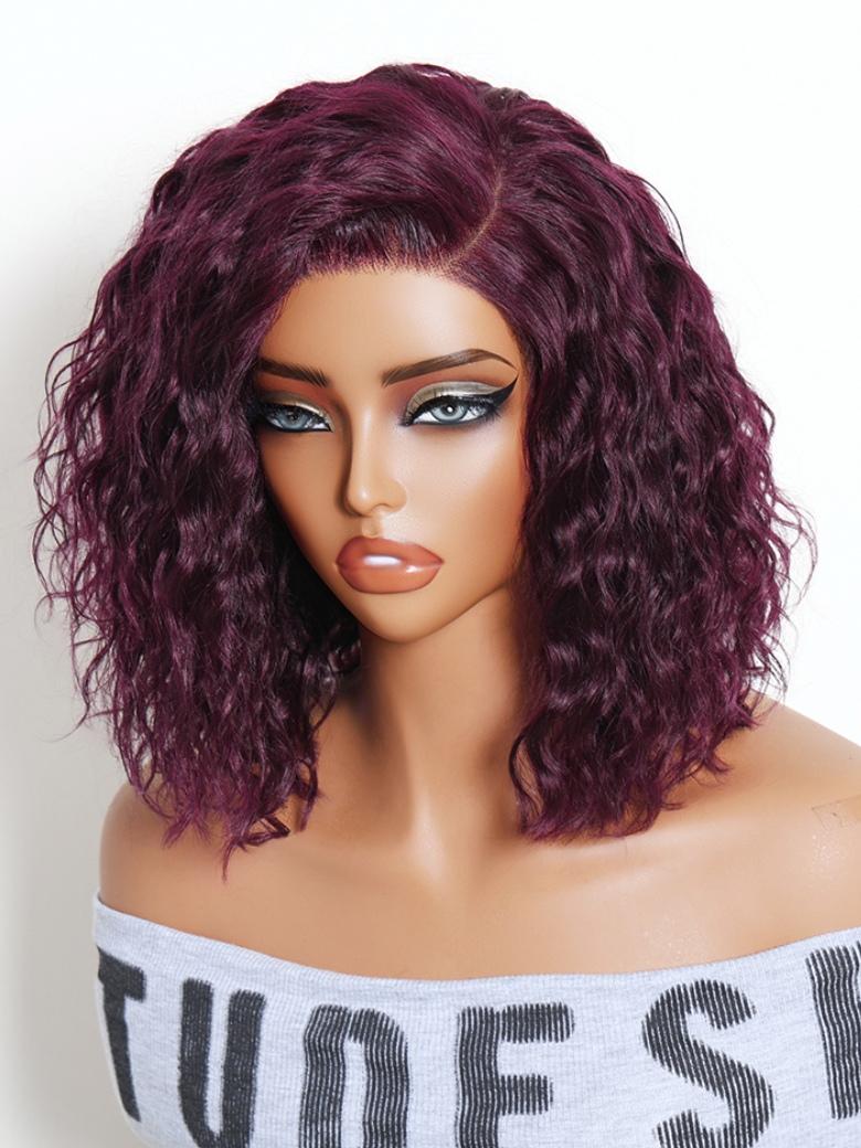 Sunber Black Cherry 220% density 6x4 Glueless Lace "C" Side Part Shoulder-length Water Wave Short Bob Wig With Invisi Drawstring
