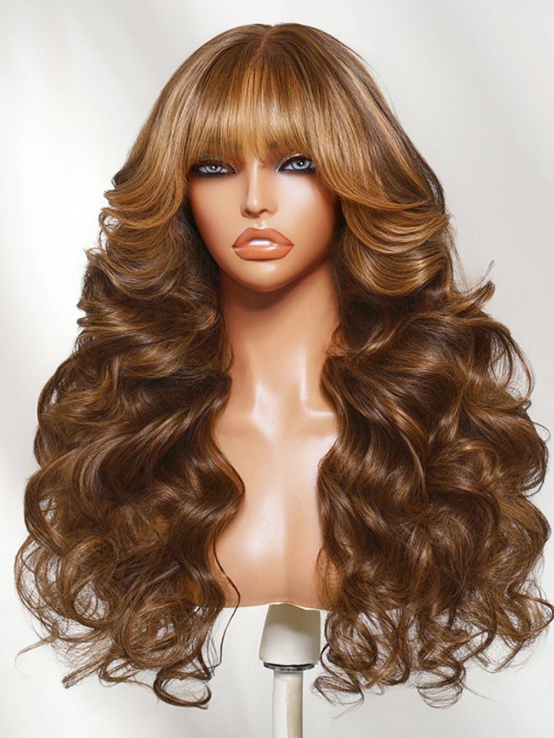 Sunber Honey Brown Caramel Highlights Layered Loose Wave 13x4 Pre Everything With Face Framing Curtain Bangs