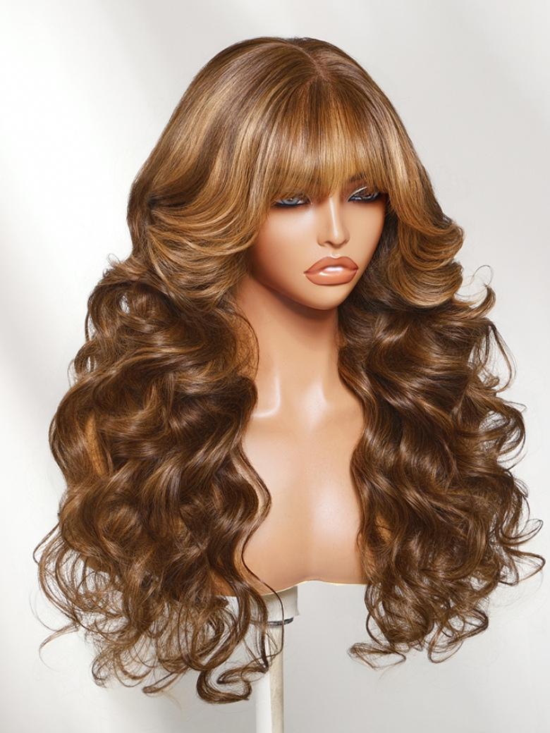 Sunber Honey Brown Caramel Highlights Layered Loose Wave 13x4 Pre Everything With Face Framing Curtain Bangs