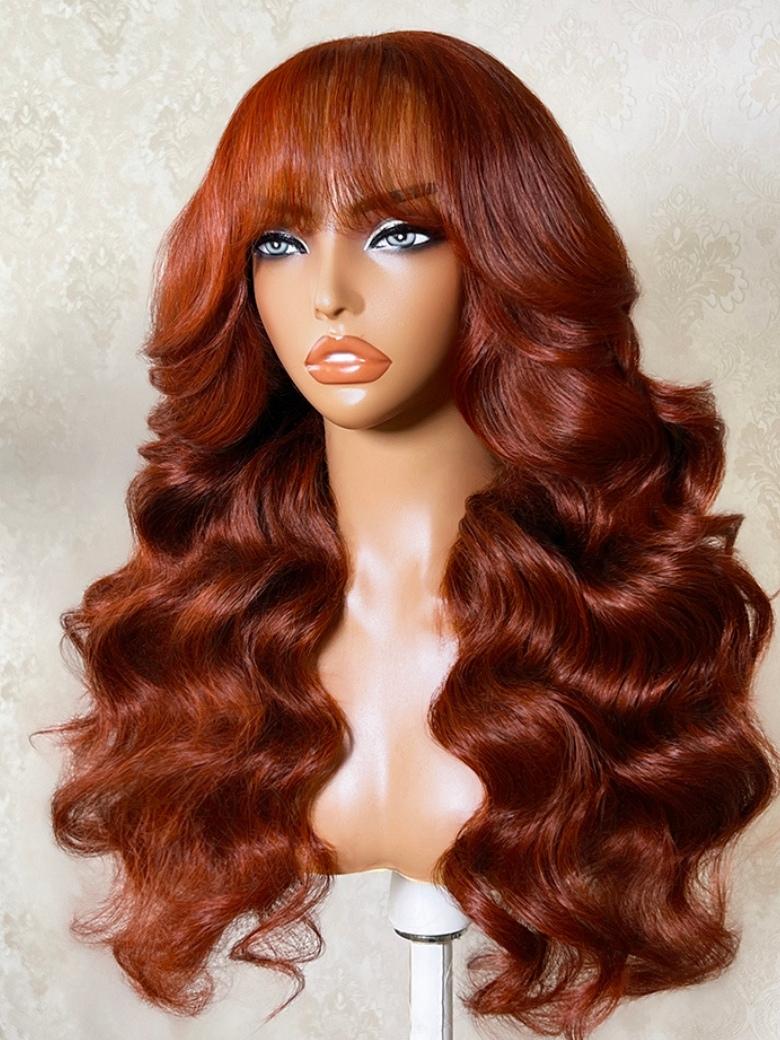Sunber 7x5 Bye Bye Knots Lace Closure Wig Reddish Brown Loose Wave Human Hair Wig with Curtain Bangs