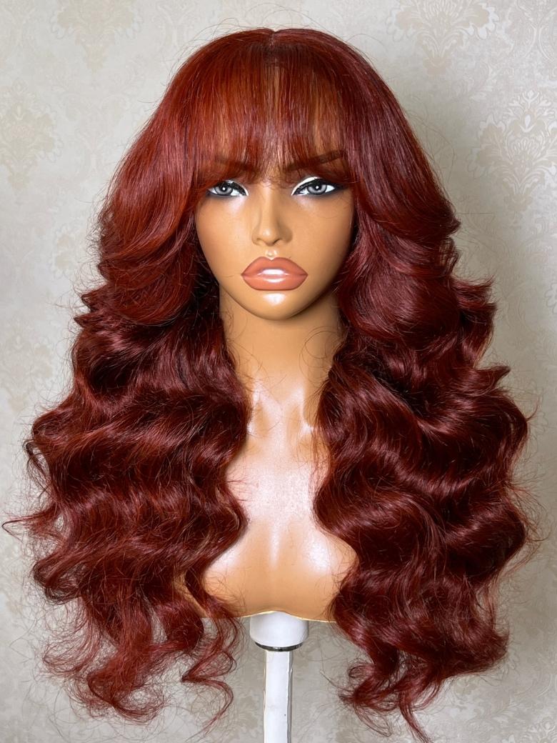 Sunber 7x5 Bye Bye Knots Lace Closure Wig Reddish Brown Loose Wave Human Hair Wig with Curtain Bangs