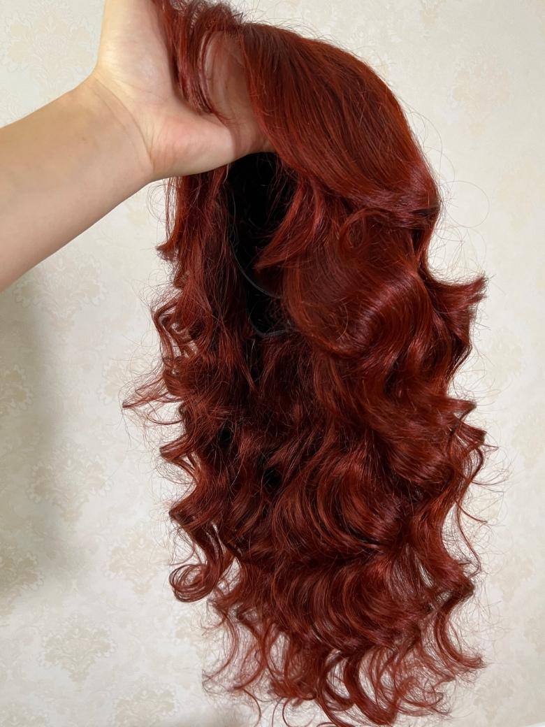 Sunber 7x5 Bye Bye Knots Lace Closure Wig Reddish Brown Loose Wave Human Hair Wig with Curtain Bangs