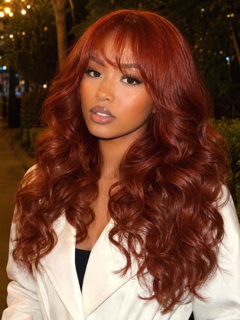 Sunber 7x5 Bye Bye Knots Lace Closure Wig Reddish Brown Loose Wave Human Hair Wig with Curtain Bangs