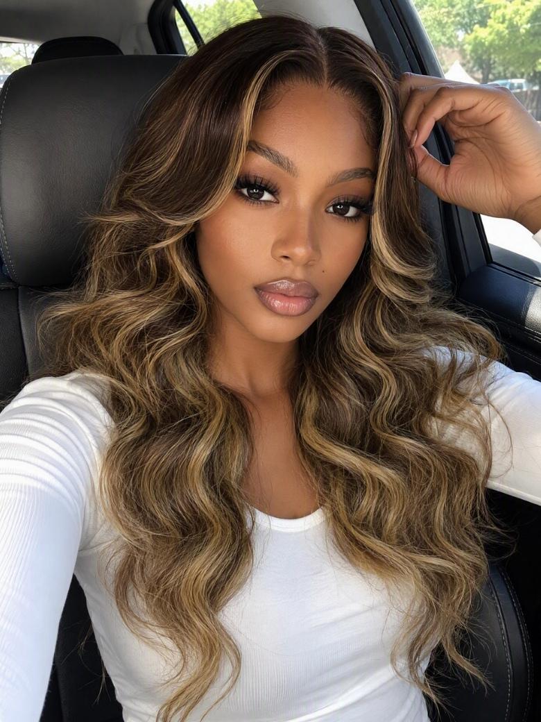 Sunber Chocolate Brown With Honey Blonde Highlights Layered Loose Wave 7x5 Bye Bye Knots No Slip Wig