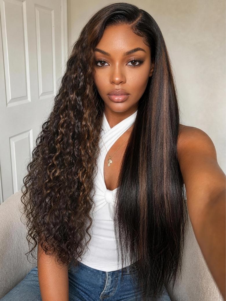 Sunber Wet & Curly 2 in 1 Straight Piano Brown Highlight 7x5 Bye Bye Knots With No Slip Wig