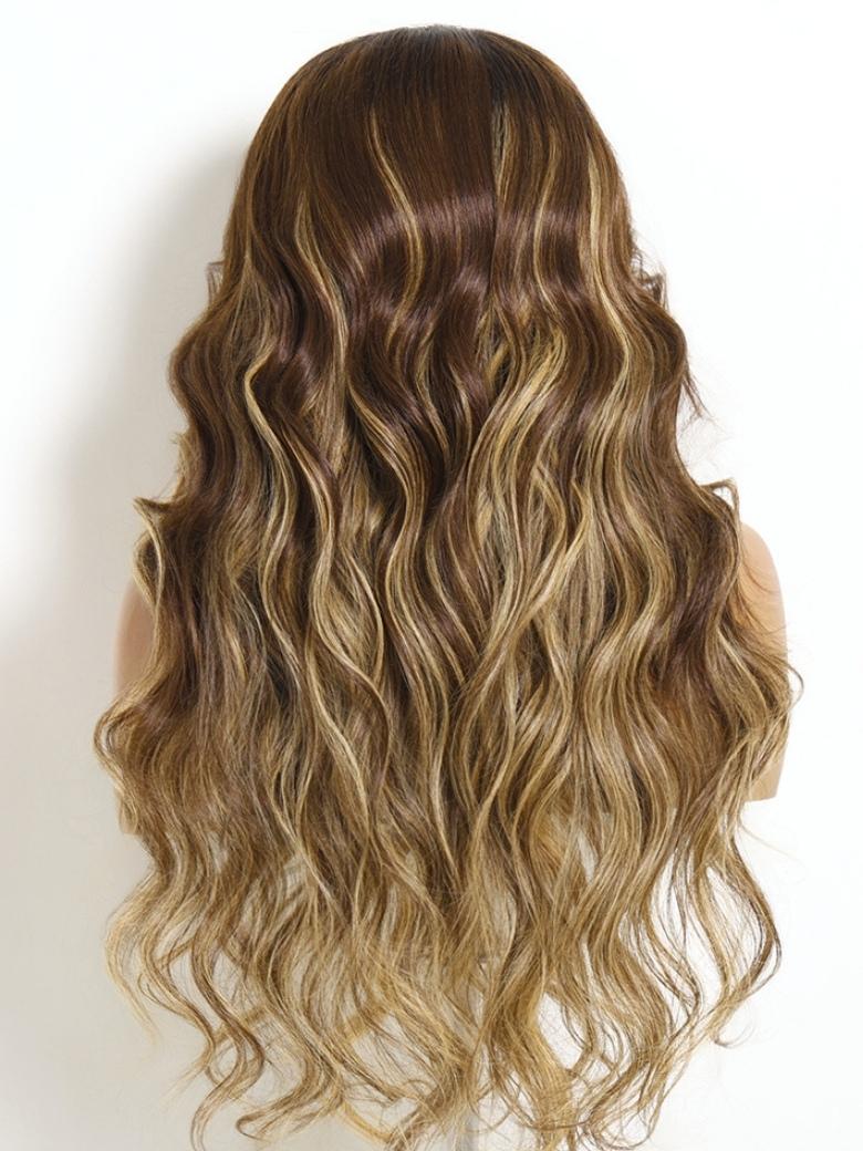 Sunber Chocolate Brown With Honey Blonde Highlights Layered Loose Wave 7x5 Bye Bye Knots No Slip Wig