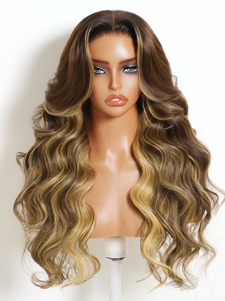 Sunber Chocolate Brown With Honey Blonde Highlights Layered Loose Wave 7x5 Bye Bye Knots No Slip Wig
