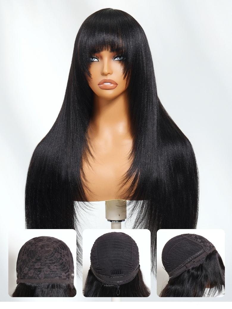 Sunber Glueless Minimalist Lace Wig Layered Yaki Straight Wig with Wispy Bangs