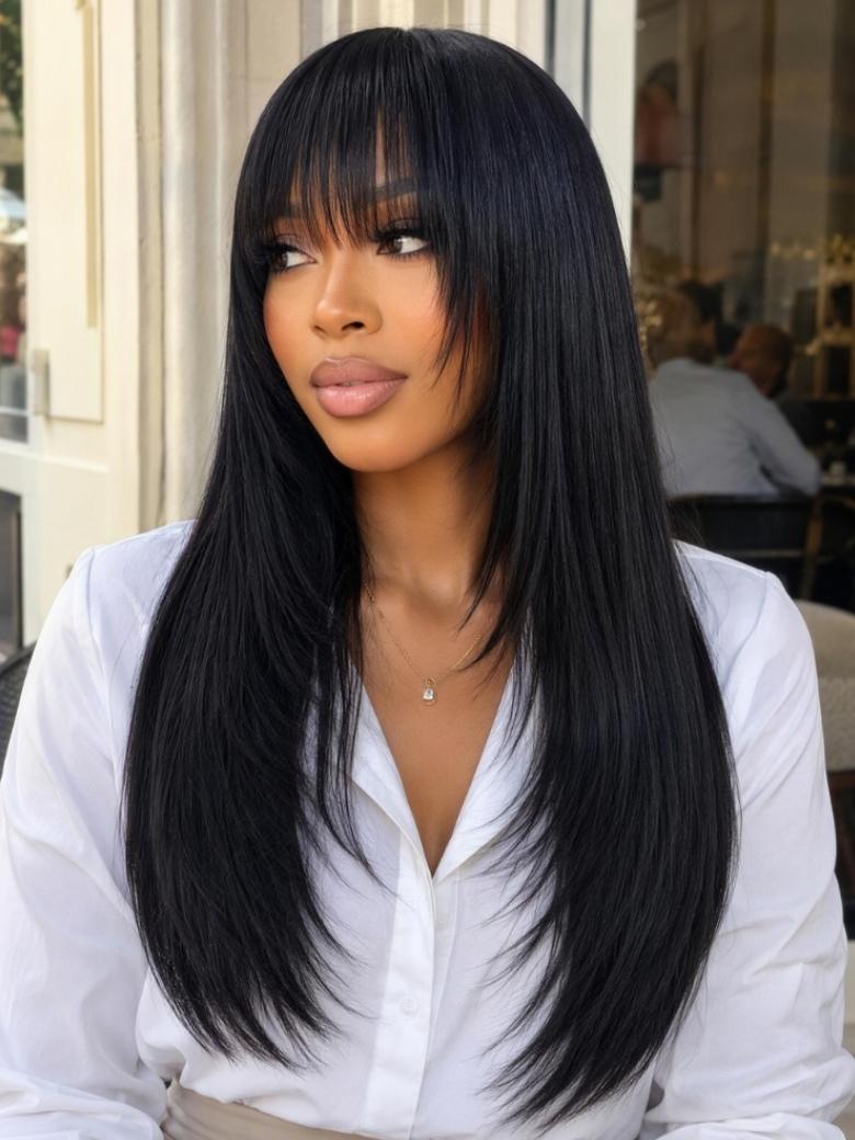 Yaki Straight Wig with Wispy Bangs | Layered Glueless Minimalist Lace Wig