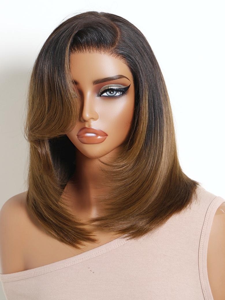 Sunber Ombre Chestnut Brown 7x5 Pre Cut Rachel-Inspired Blunt Layered 90s Blowout Silky Straight Bob Lace Wig