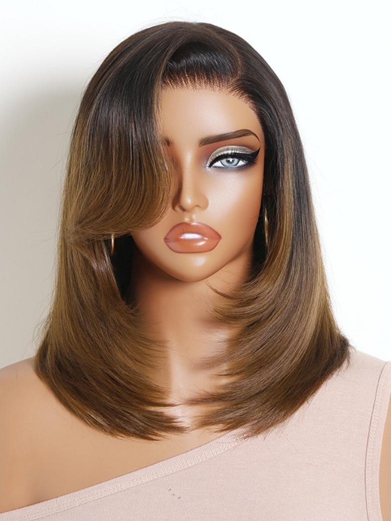 Sunber Ombre Chestnut Brown 7x5 Pre Cut Rachel-Inspired Blunt Layered 90s Blowout Silky Straight Bob Lace Wig