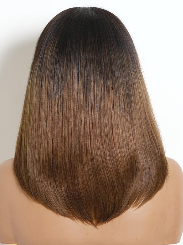 Sunber Ombre Chestnut Brown 7x5 Pre Cut Rachel-Inspired Blunt Layered 90s Blowout Silky Straight Bob Lace Wig