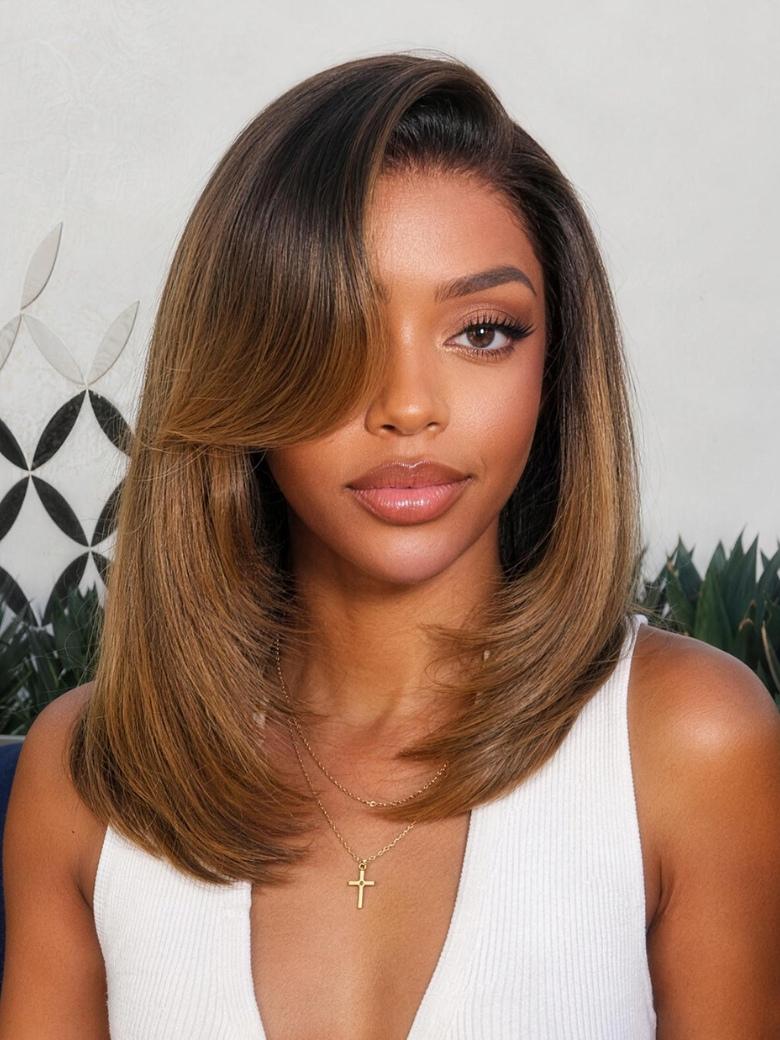 Sunber Ombre Chestnut Brown 7x5 Pre Cut Rachel-Inspired Blunt Layered 90s Blowout Silky Straight Bob Lace Wig