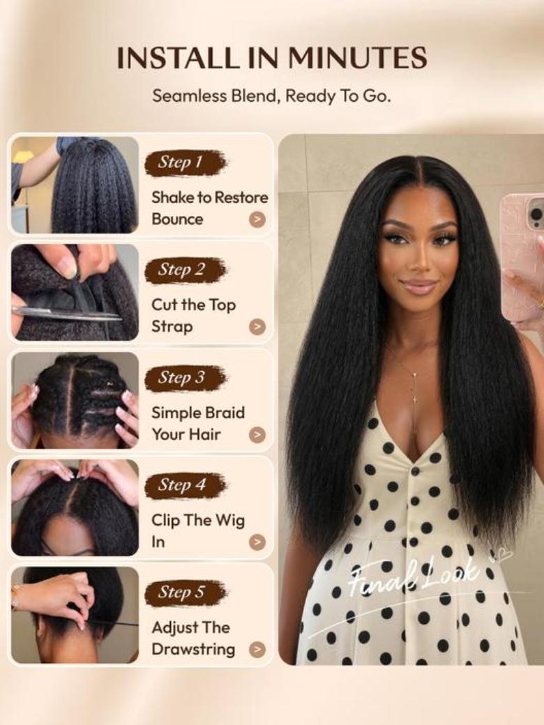 Sunber  Kinky Straight V Part Wigs Versatile No Leave Out Human Hair Wig With Invisi Drawstring