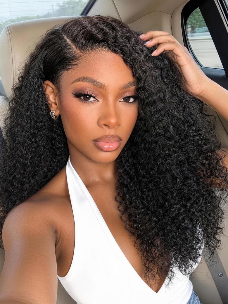 Sunber Side Part Jerry&Kinky Curly V Part Wig No Leave Out Glueless with Invisi Drawstring