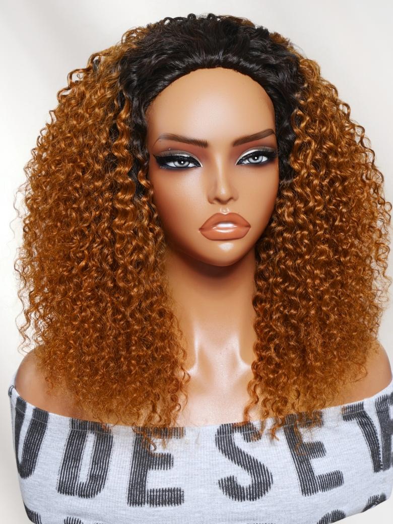 Sunber Black to Copper Brown Ombre Jerry Curly Half Wig With Dark Roots