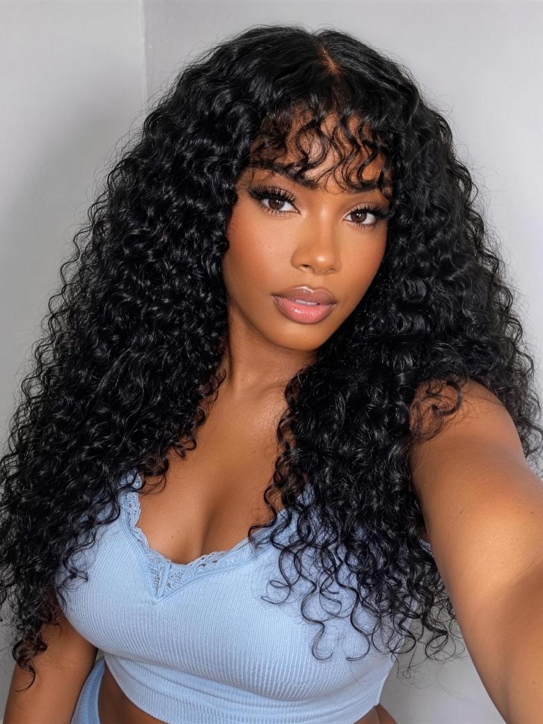 Sunber Bouncy Curl With Bangs Minimalist 2x4 Lace Closure Wig With Invisi Drawstring