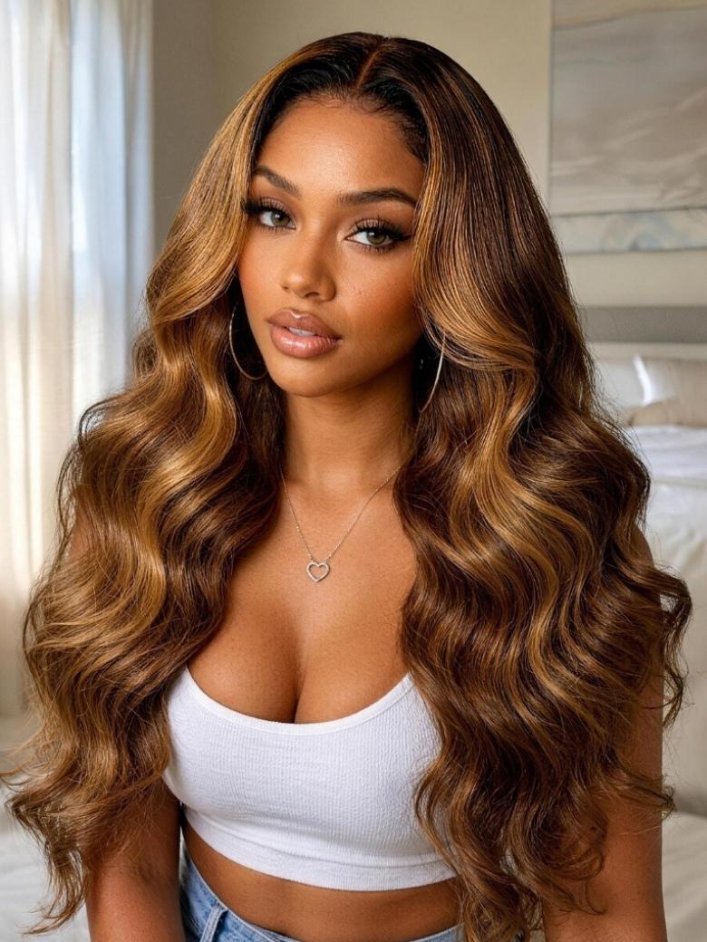 Sunber Brown Highlights with Dark Root Body Wave 7x5 Bye Bye Knots No Slip Wig
