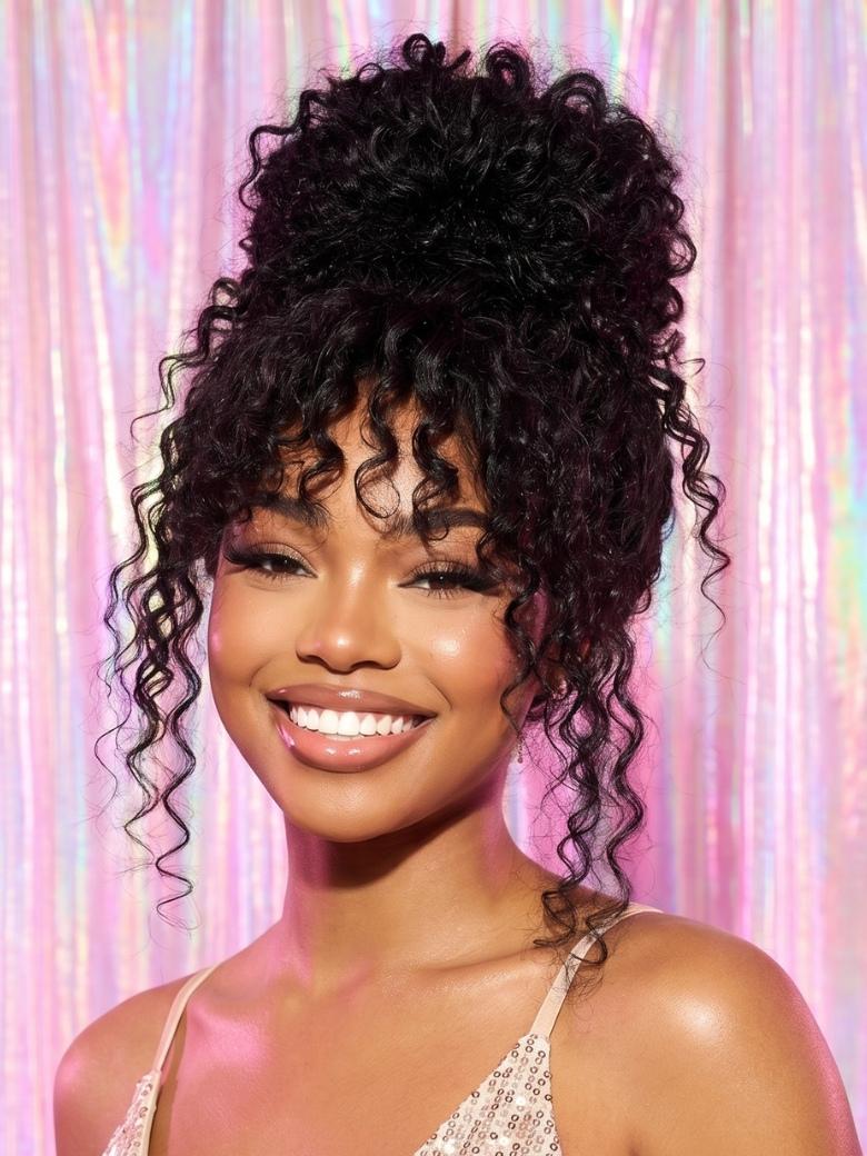 Sunber Bouncy Curl With Bangs Minimalist 2x4 Lace Closure Wig With Invisi Drawstring