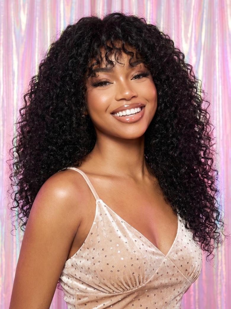 Sunber Bouncy Curl With Bangs Minimalist 2x4 Lace Closure Wig With Invisi Drawstring