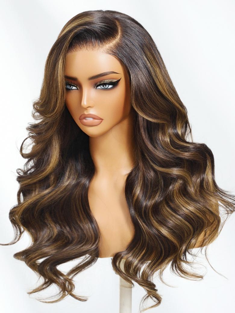 Sunber Dark Brown With Golden Highlights Body Wave 7x5 Bye Bye Knots With Invisi Drawstring