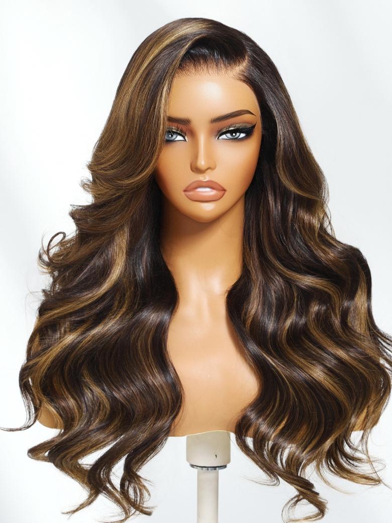 Sunber Dark Brown With Golden Highlights Body Wave 7x5 Bye Bye Knots With Invisi Drawstring