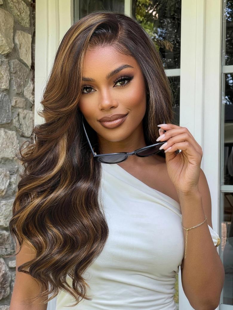 Sunber Dark Brown With Golden Highlights Body Wave 7x5 Bye Bye Knots With Invisi Drawstring