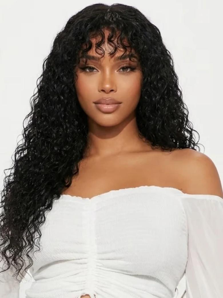 Sunber Water Wave Wig With Bangs 7x5 Bye Bye Knots 180% Density No Slip Wig