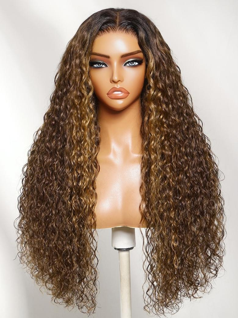 Sunber Brown Highlights with Dark Root Water Wave 7x5 Bye Bye Knots With Invisi Drawstring