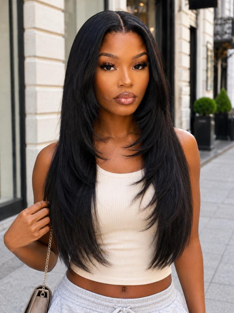 Sunber 180% Density Layered Yaki Straight 7x5 Bye Bye Knots No Slip Wig