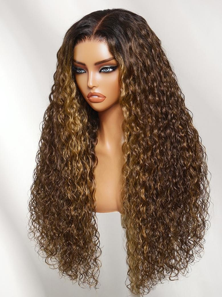 Sunber Brown Highlights with Dark Root Water Wave 7x5 Bye Bye Knots With Invisi Drawstring