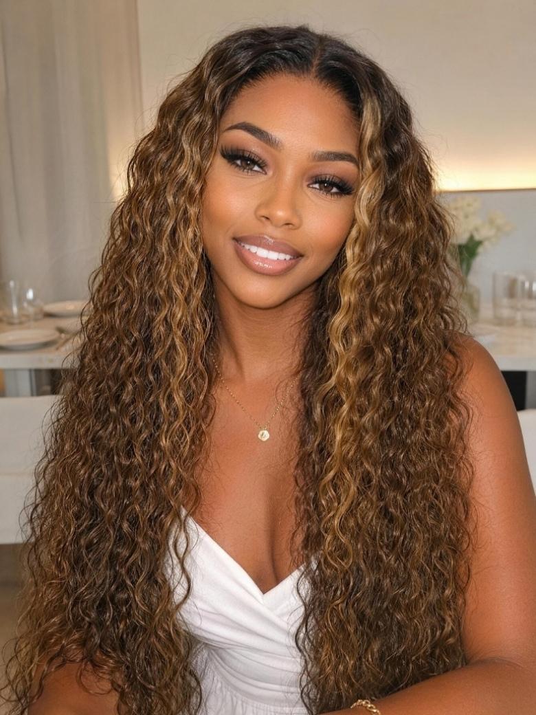 Sunber Brown Highlights with Dark Root Water Wave 7x5 Bye Bye Knots With Invisi Drawstring