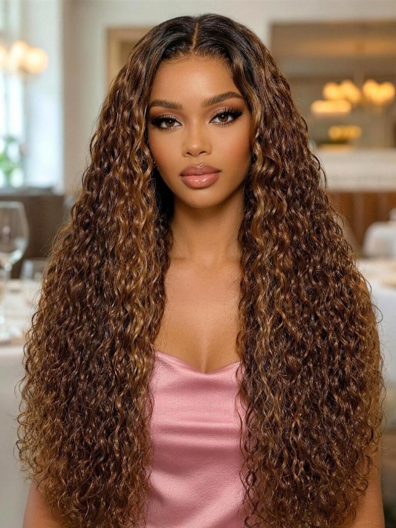 Sunber Brown Highlights with Dark Root Water Wave 7x5 Bye Bye Knots With Invisi Drawstring