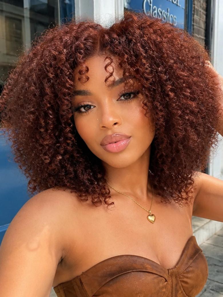 Sunber 7×5 Pre Cut Lace Reddish Brown Jerry Curly Afro Curl Bye Bye Knots Wig With Invisi Drawstring