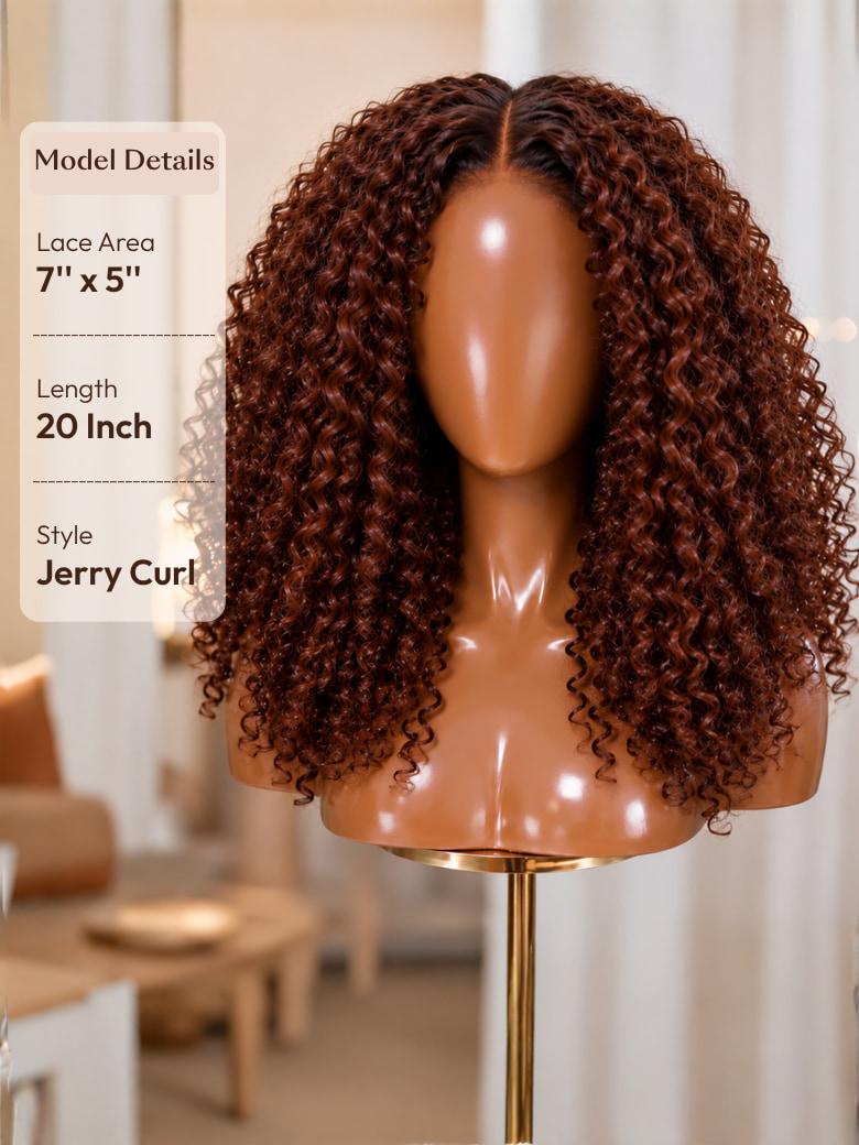 Sunber 7×5 Pre Cut Lace Reddish Brown Jerry Curly Afro Curl Bye Bye Knots Wig With Invisi Drawstring