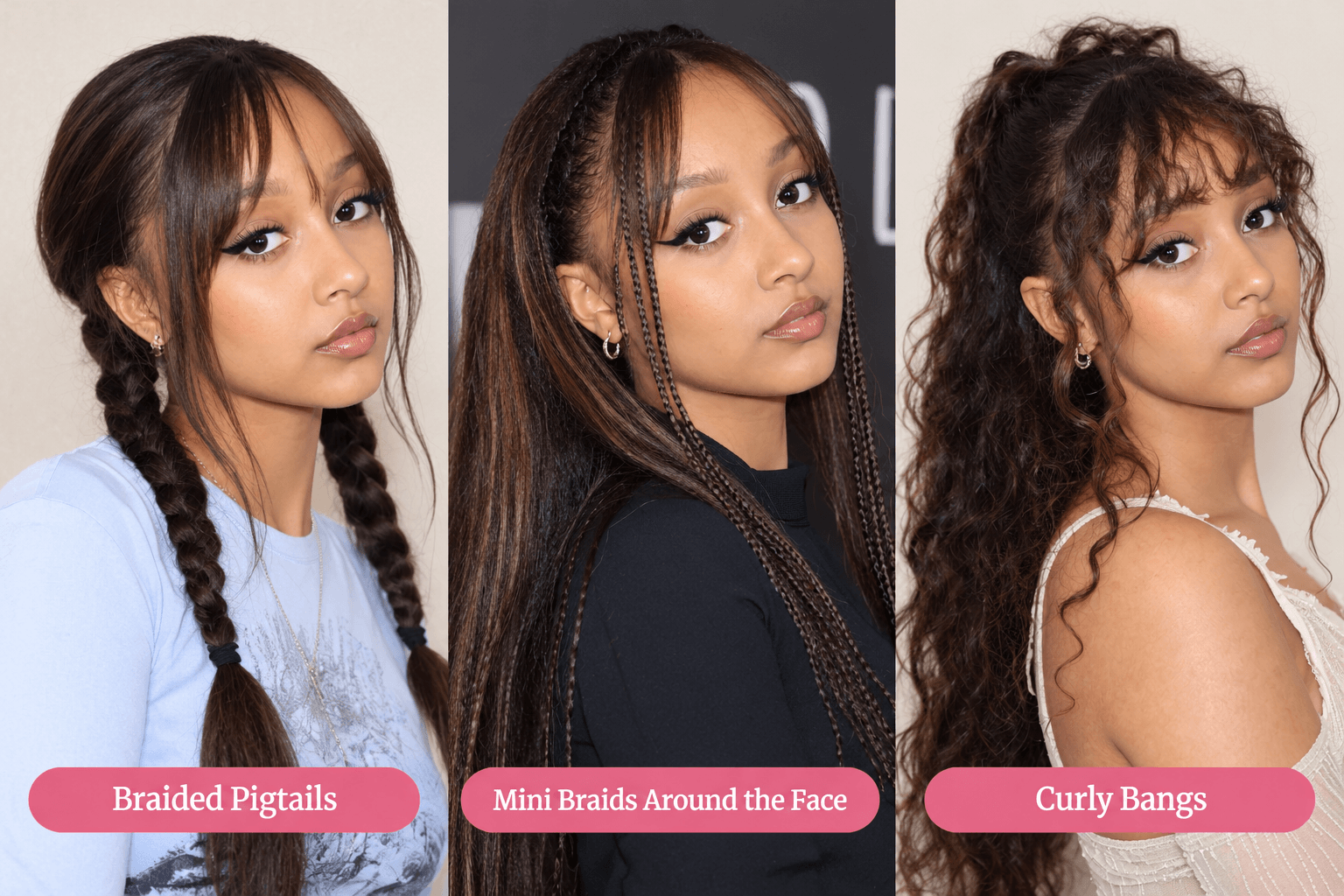 PinkPantheress' Hairstyles:Braided Pigtails,Mini Braids Around the Face,Curly Bangs